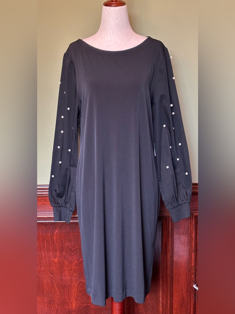 Chicos Black Long Sleeve Pearl-Accent Women's Dress